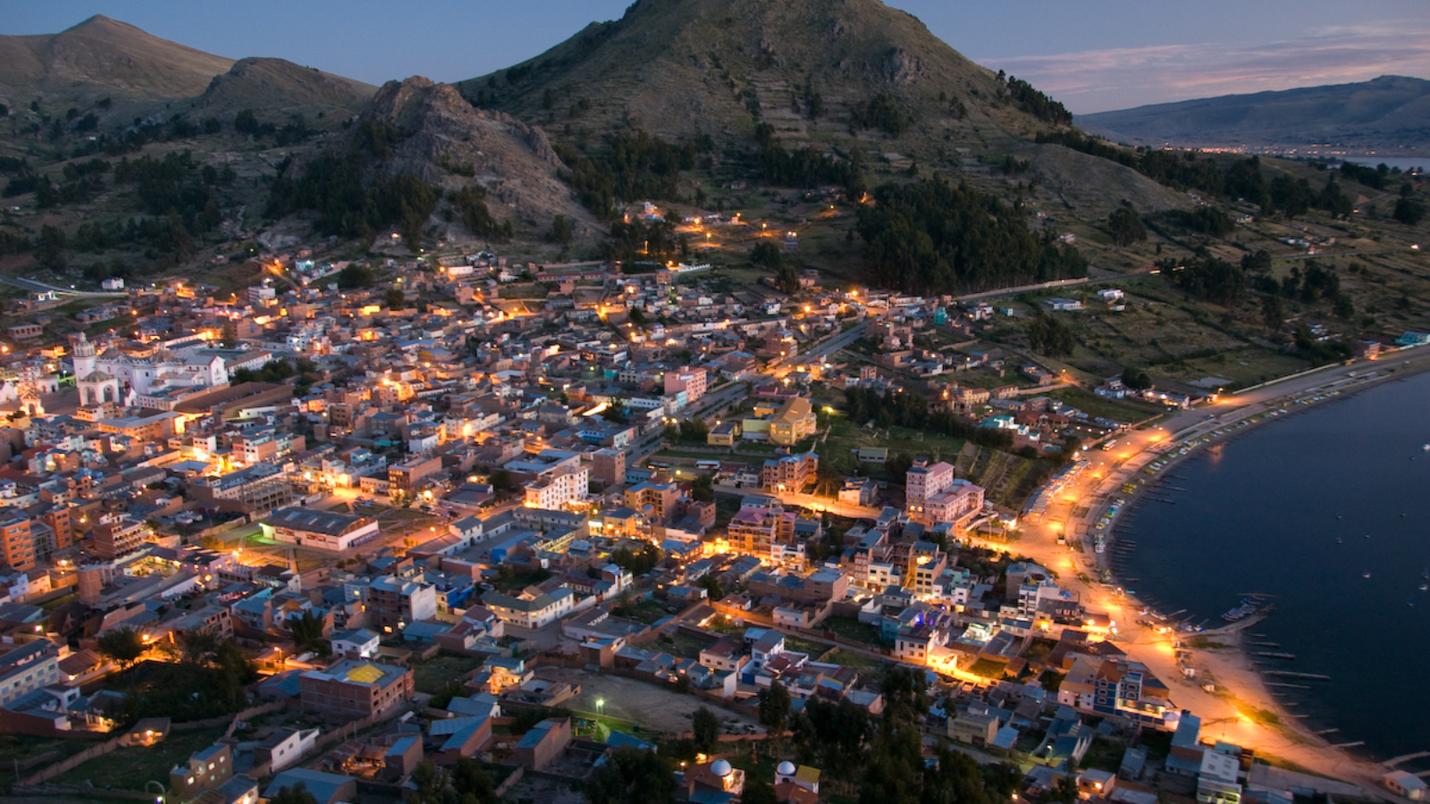 View of Copacabana from Cerro Calvario at sunset.

Locate in Google Earth
Locate in WikiMapia